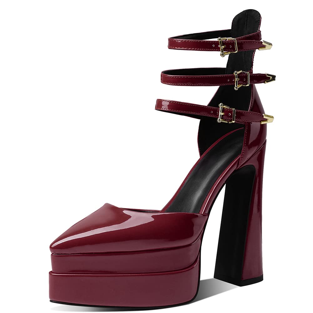 LIPIJIXI Womens Platform Heels Chunky High Block Heels Pointed Toe Pumps Ankle Strap Buckles Dress Sandals Wedge Heel Fashion Pumps Patent Size 39