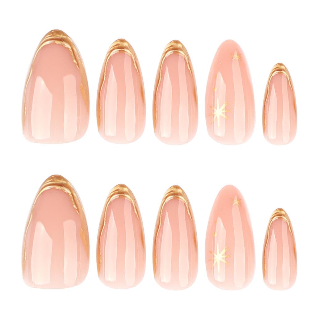 Foccna Press on Nails Almond Fake Nails with Gold Line Design Glue on Nails Acrylic Nails Glossy Full Cover Stick on Nails for Women 24Pcs