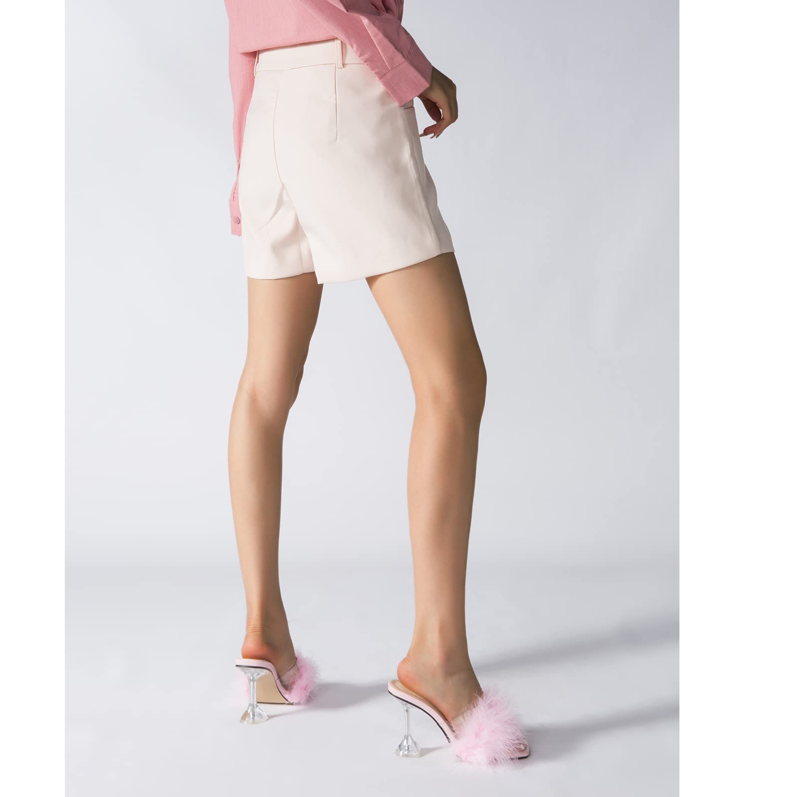 LIURUIJIA Feather High Heel Mules Sandals for Women Slip On Square Toe Clear Tapered Chunky Heels Fuzzy Fluffy Bridal Wedding Party Sexy Shoes Pink