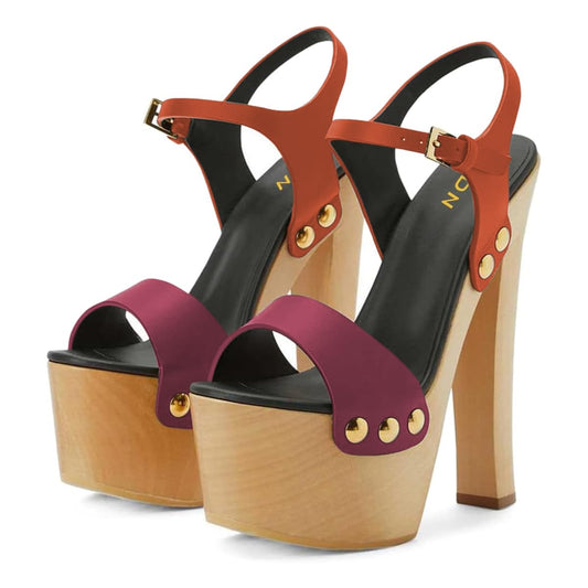YDN Women's Platform Heeled Sandals Open Round Toe Chunky High Heels Backless Ankle Strap Sexy Casual Shoes for Spring Summer Party Size 7 Magenta & Orange