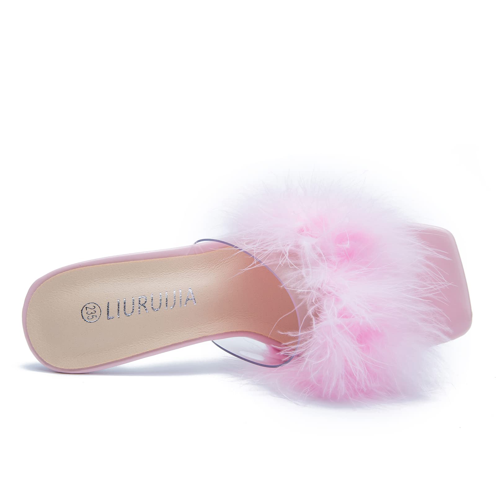 LIURUIJIA Feather High Heel Mules Sandals for Women Slip On Square Toe Clear Tapered Chunky Heels Fuzzy Fluffy Bridal Wedding Party Sexy Shoes Pink
