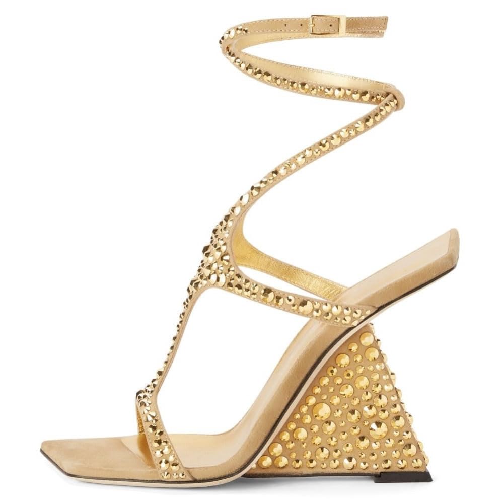 Kluolandi Women's Wedge Heeled Sandals Open Toe Criss-cross Strappy Sandals Heels Party Dress Shoes Yellow Crystal Heels Size 9