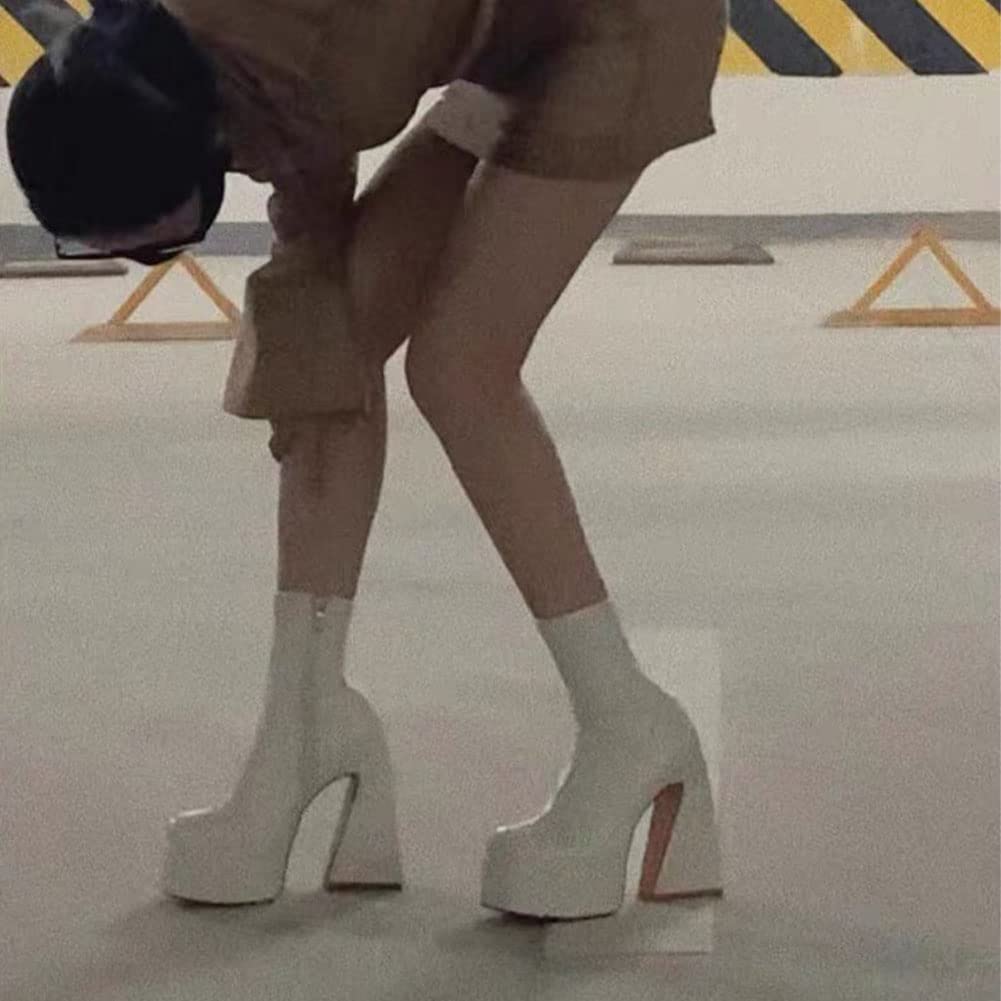 Uacllcau White Platform Boots for Women Ankle Booties Square Toe Chunky High Heel Boots Side Zipper Mid Calf Boots