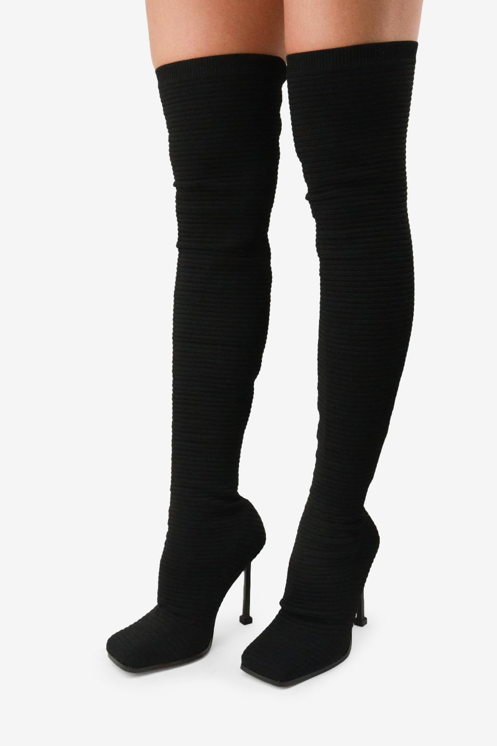 Lemonade Women's Over The Knee Heels Boots High Heel Stretch Knit Pointed To Thigh Long Boots -That Girl Black