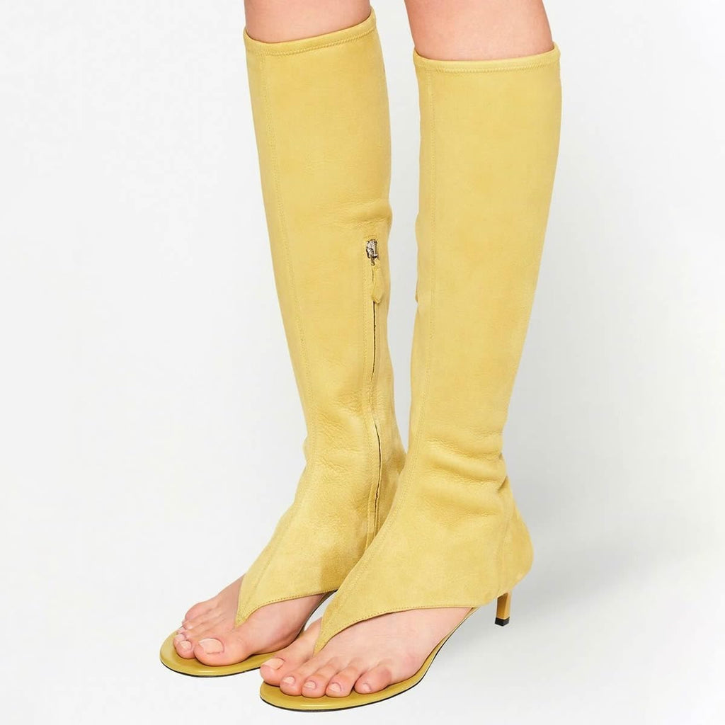 Women's Thong Style Open Toe Knee High Boots with Zipper Stretch Kitten Low Heel Tall Sandal Boots Kitten Heels Sandal Boots (Yellow matte, Adult, Women, 8.5, Numeric, US Footwear Size System, Medium)