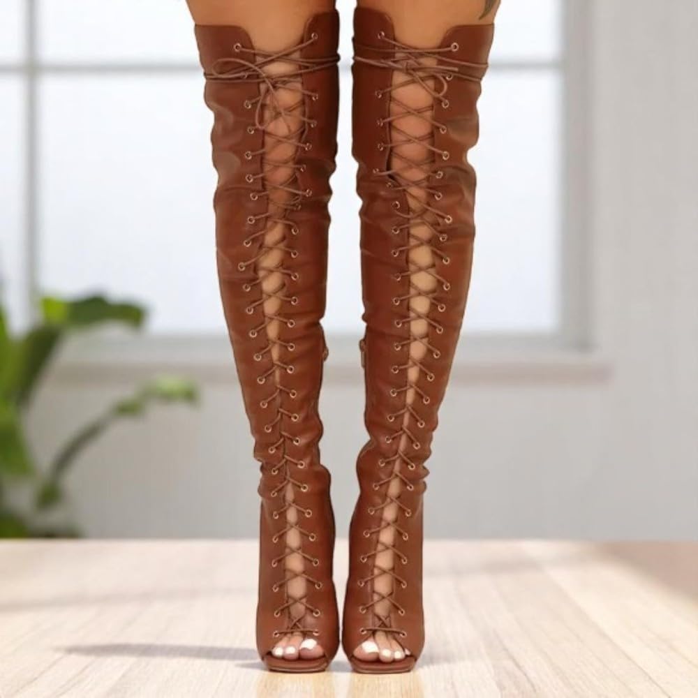 Liliana Women's Peep Toe Lace-Up Chunky Heel Over The Knee Boot Drip-1 Brown