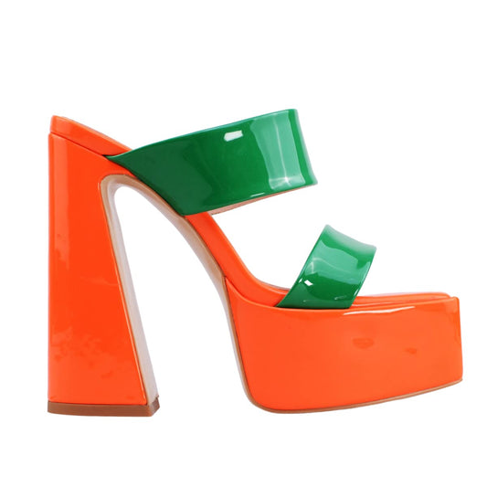Frankie Hsu Women's Chunky Block Platform Sandals Cheerleader Cute Lovely Hot Pink Purple Orange Green Patent High Heeled Square Toe Fashion Classic Big Size Sandal