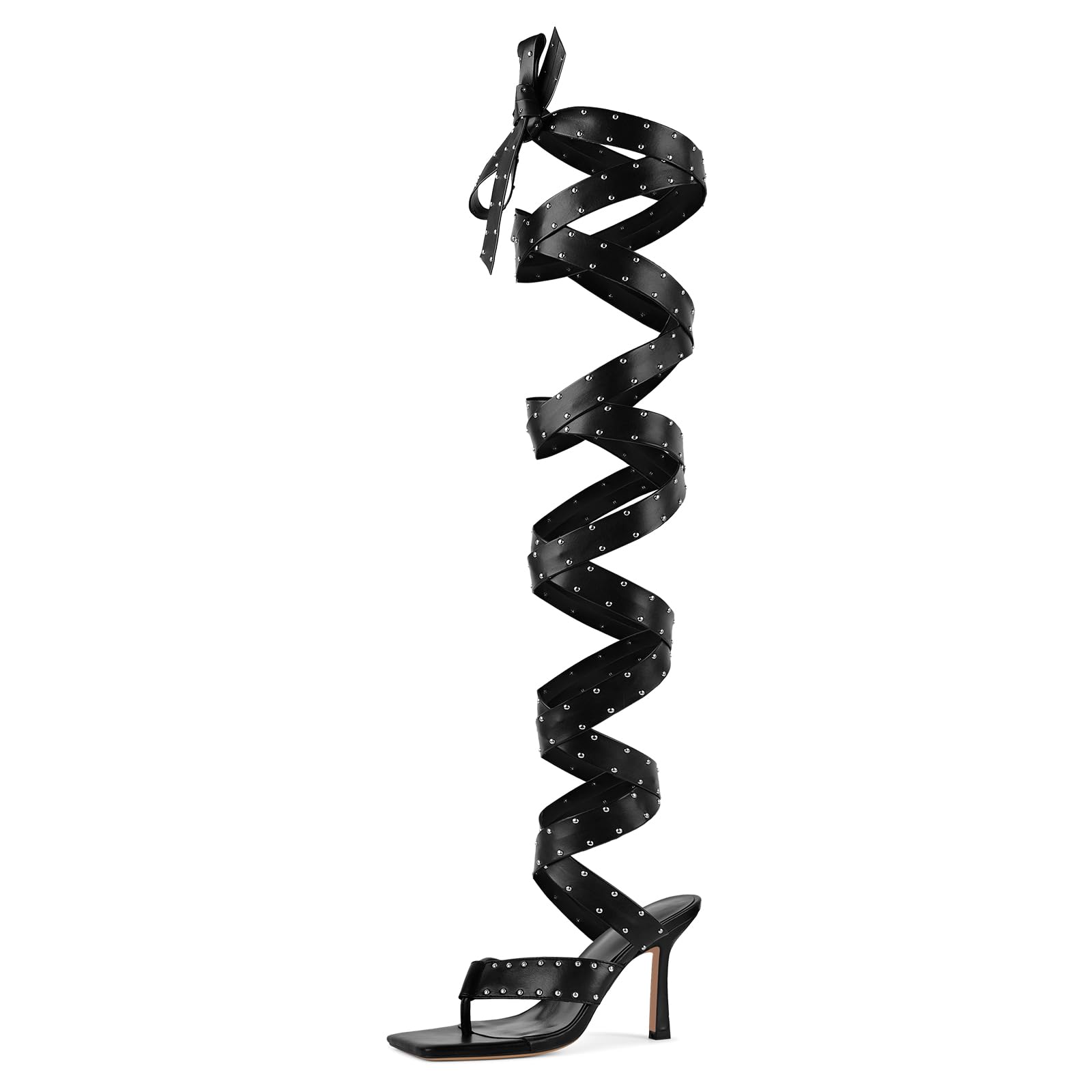 sexytag Women's Sexy Thigh High Studded Wrap Straps Heels Gladiator Lace-Up Stiletto High Heels Strappy Square Toe Thong Sandals for Clubwear Party Fashion Night Out Black Size 11