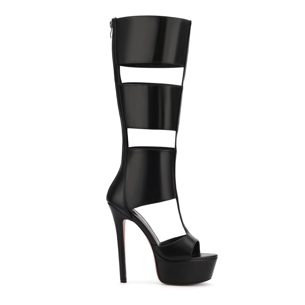 FancyQueen Platform Knee High Sandals for Women, Gladiator Open Toe Summer Booties Black Heels Sandal Boots, Sexy Style Casual for Party