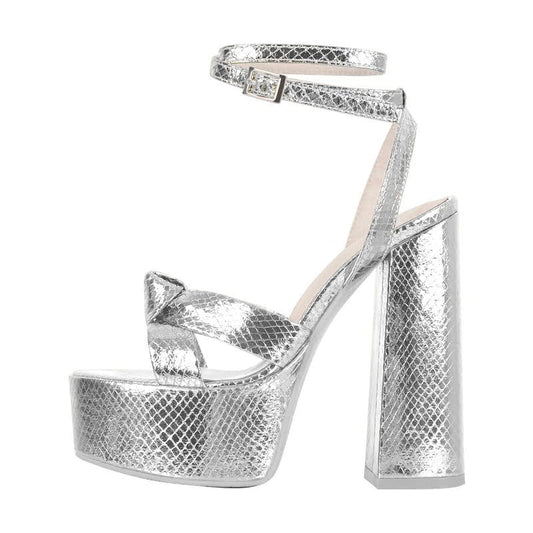 Onlymaker Platform Heels for Women Sexy Ankle Strap Chunky High Heeled Sandals Sparkly Metallic Silver 5 inch High Block Heel Platform Chunky Heels for Wedding Party Prom Dressy Size 8