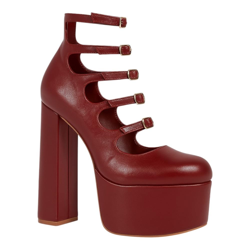 Liliana Women Chunky High Heel Platform Buckle Strappy Pumps Shoes Dorola-22 Burgundy