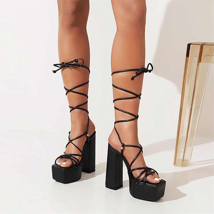 MEOTINA Women Sandals Cross Strap Super High Heel Platform Block Heels Square Toe Shoes