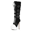 Feinlina Women's Canvas Knee High Round Toe Boots Y2K Gothic Punk Lace Up Platform Stiletto Heels Club Party Booties with Star Buckle,Black