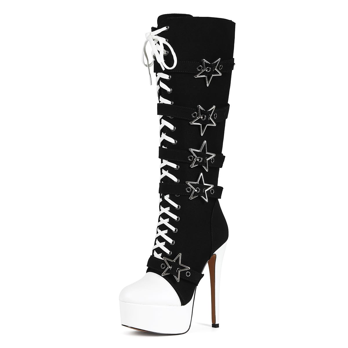 Feinlina Women's Canvas Knee High Round Toe Boots Y2K Gothic Punk Lace Up Platform Stiletto Heels Club Party Booties with Star Buckle,Black
