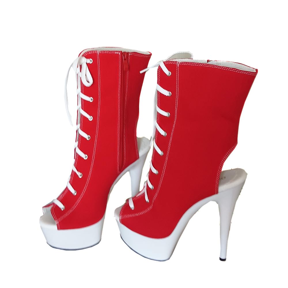 denova's Women's Canvas Very High Heel Lace Up Platform Pole Dance Ankle Boot with Zipper (12,red 4)