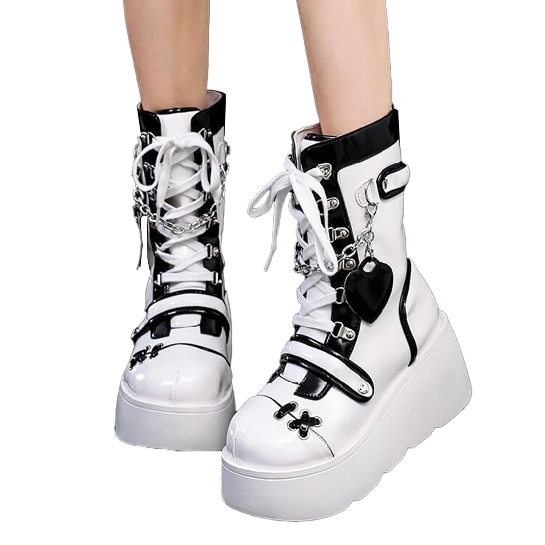 XYKHUI Goth Platform Buckle Boots for Women's Chunky High Heel Lace Up Punk Motorcycle Combat Boots with Chain White