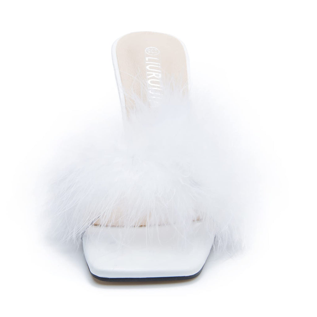 LIURUIJIA Feather High Heel Mules Sandals for Women Slip On Square Toe Clear Tapered Chunky Heels Fuzzy Fluffy Bridal Wedding Party Sexy Shoes White