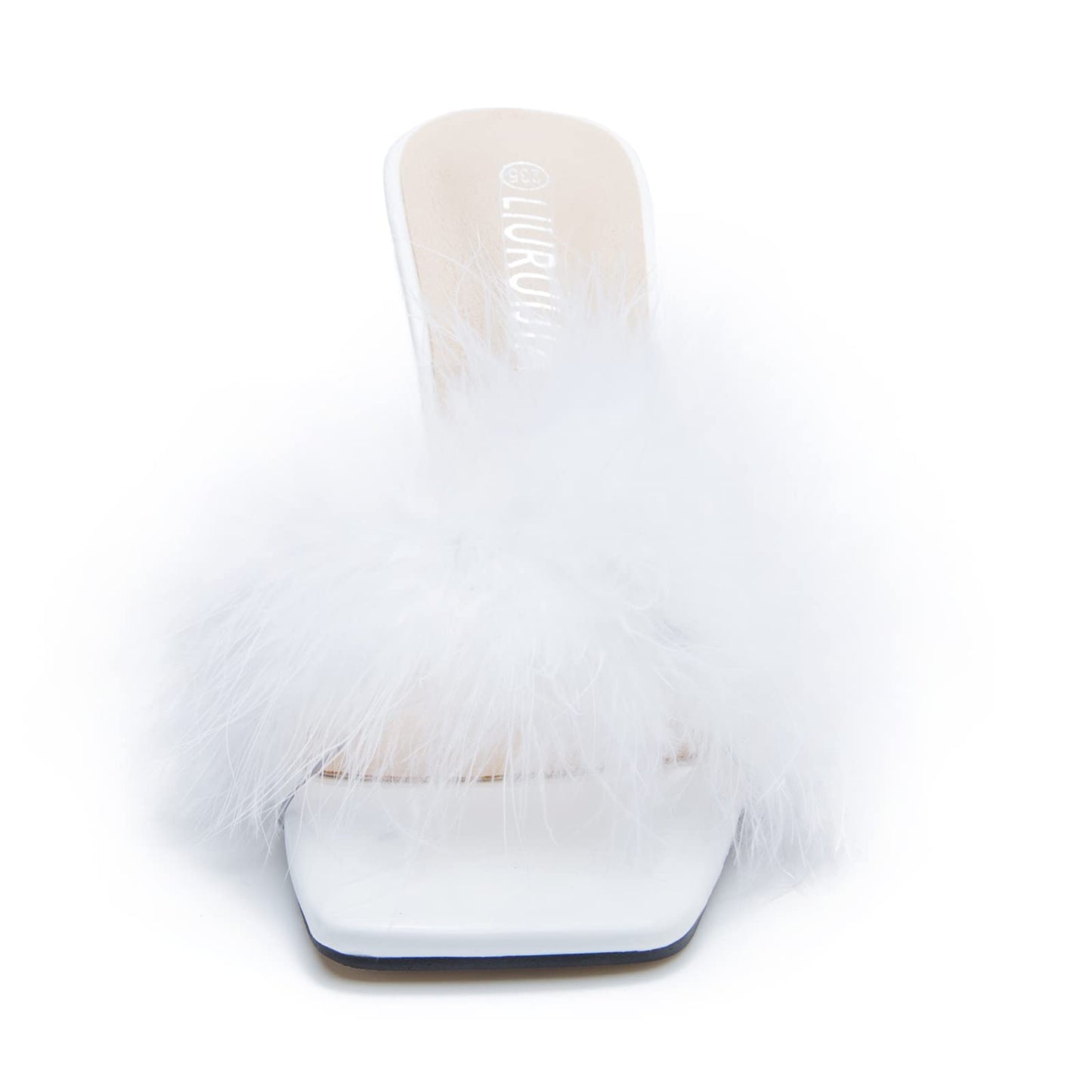 LIURUIJIA Feather High Heel Mules Sandals for Women Slip On Square Toe Clear Tapered Chunky Heels Fuzzy Fluffy Bridal Wedding Party Sexy Shoes White 39 US 7.5