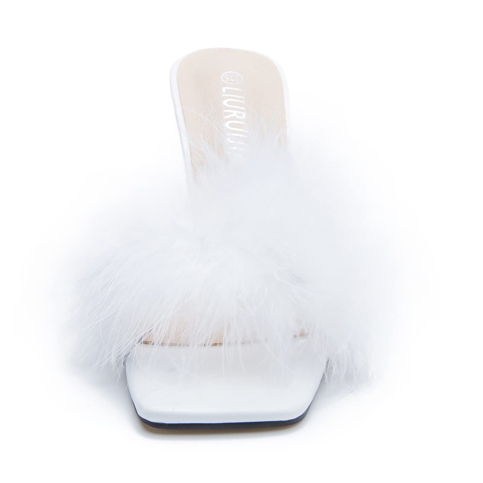 LIURUIJIA Feather High Heel Mules Sandals for Women Slip On Square Toe Clear Tapered Chunky Heels Fuzzy Fluffy Bridal Wedding Party Sexy Shoes White