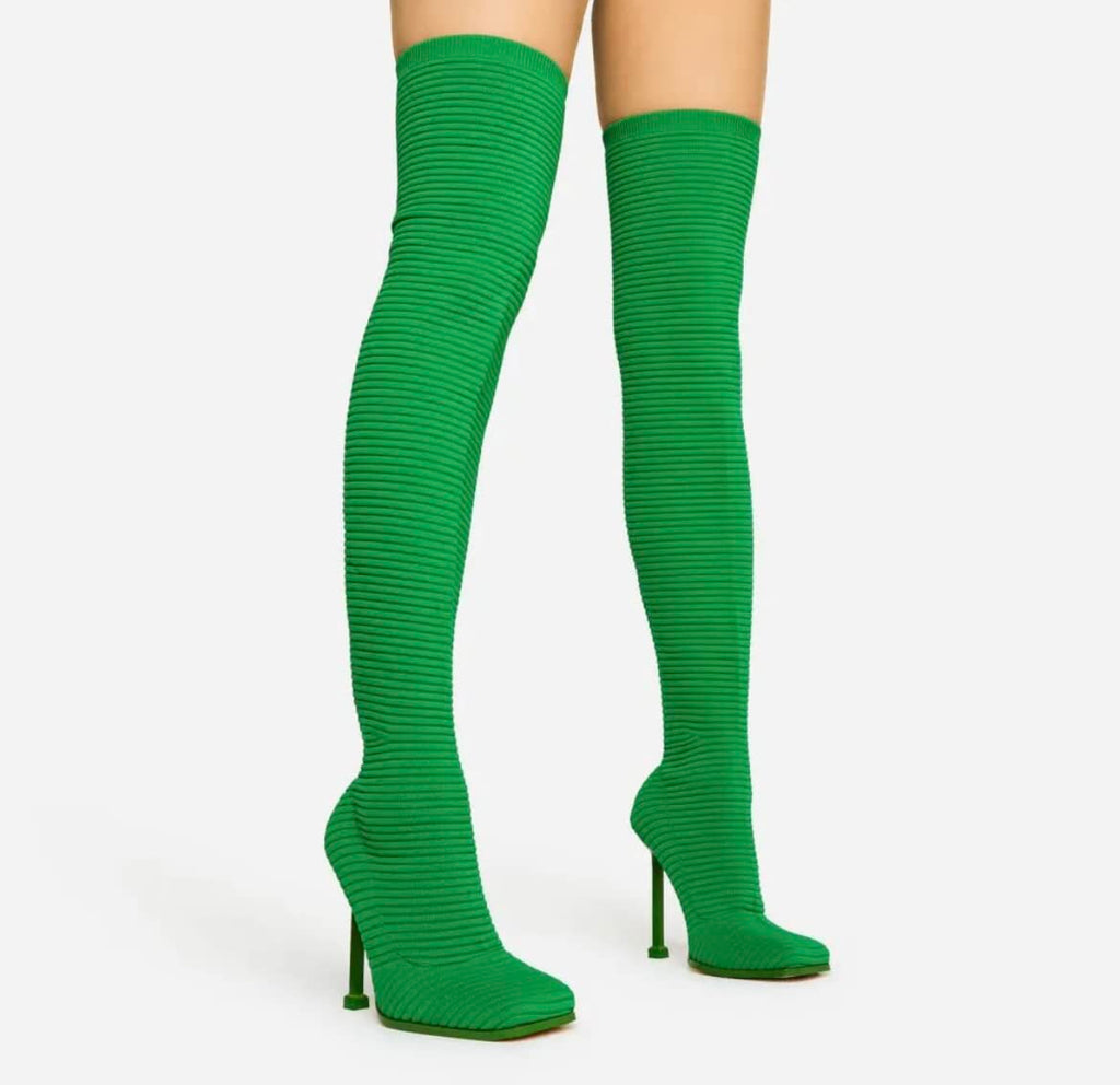 Lemonade Women's Over The Knee Heels Boots High Heel Stretch Knit Pointed To Thigh Long Boots -That Girl Green