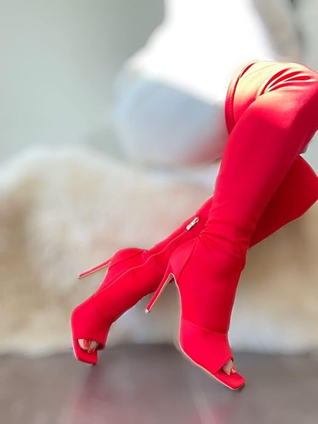 PAZZLE Women's Stiletto Heel Thigh High Boots Peep Toe Pull on Over The Knee Boots Victoria-2 Red Stretchy 8