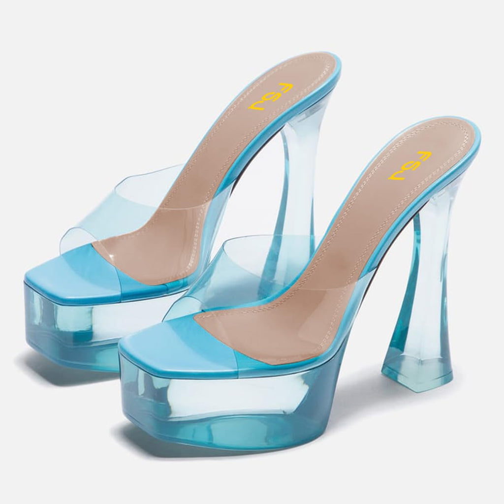 FSJ Women Slip On Platform Heeled Sandals Peep Open Toe Chunky Block High Heels Mules Backless Summer Dress Slide Sandals Blue Clear