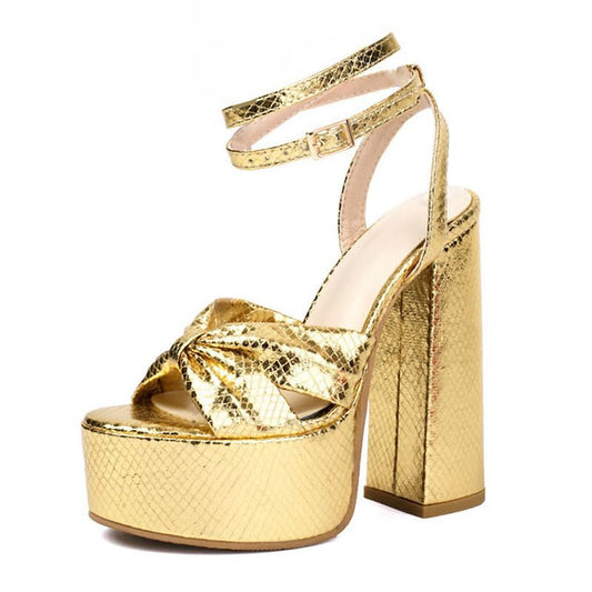 Onlymaker Platform Heels for Women Gold Chunky High Heeled Sandals Sexy Ankle Strap 5 inch High Block Heel Metallic Leather Platform Chunky Heels for Wedding Party Vintage Prom Dressy Size 13