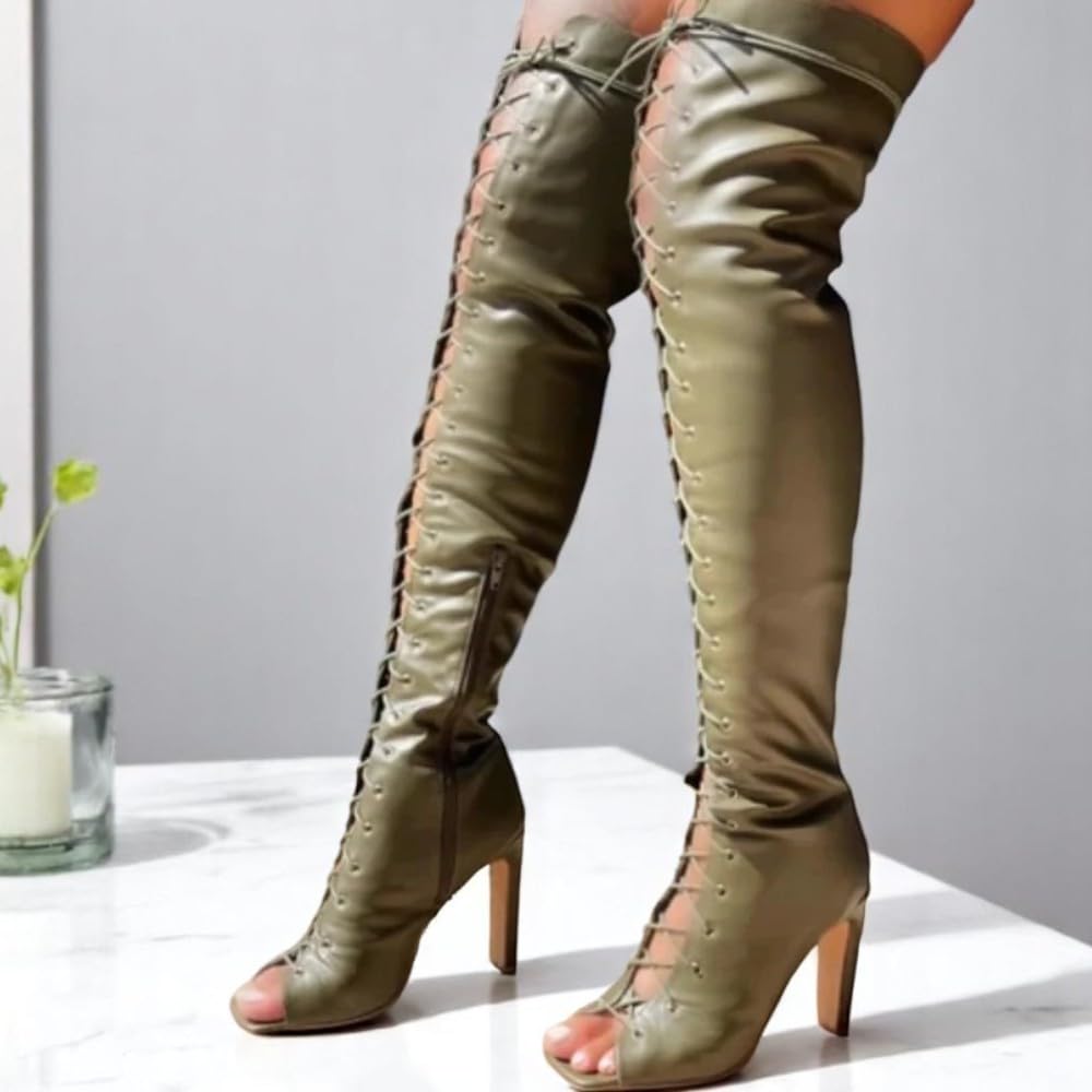 Liliana Women's Peep Toe Lace-Up Chunky Heel Over The Knee Boot Drip-1 Olive