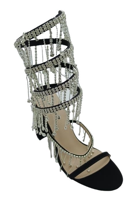 Wild Diva Women's Morris-605 Chandelier Embellished Rhinestone Spiral Coil Wrap Around Chunky Block Heels (Black Nubuck, US Footwear Size System, Adult, Women, Numeric, Medium, 10)