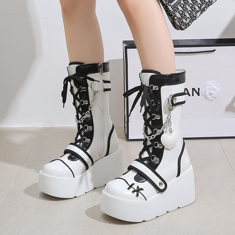 XYKHUI Goth Platform Buckle Boots for Women's Chunky High Heel Lace Up Punk Motorcycle Combat Boots with Chain White