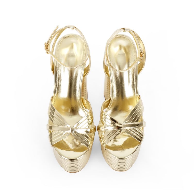 Onlymaker Gold Platform Heels for Women Sexy Ankle Strap Chunky High Heeled Sandals Sparkly Metallic Leather 5 inch High Block Heel Fashion Party Prom Dressy Platform Chunky Heels Size 8