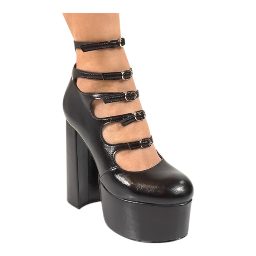 Liliana Women Chunky High Heel Platform Buckle Strappy Pumps Shoes Dorola-22 Black