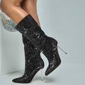 Driceic Women's Black Mid Calf Sparkly Rhinestone Stiletto Heel Western Wide Calf Short Cowboy Boots Sexy Pointed Toe Dress Party Boots