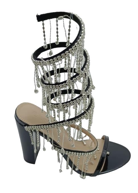 Wild Diva Women's Morris-605 Chandelier Embellished Rhinestone Spiral Coil Wrap Around Chunky Block Heels (Black PT, US Footwear Size System, Adult, Women, Numeric, Medium,