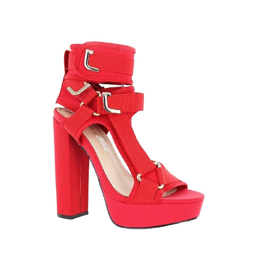 PAZZLE KEANDRA-07B Women's Chunky Platform Heels Open Toe Strappy Buckle High Heel Sandals (7, Red-01)