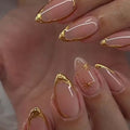 Foccna Press on Nails Almond Fake Nails with Gold Line Design Glue on Nails Acrylic Nails Glossy Full Cover Stick on Nails for Women 24Pcs