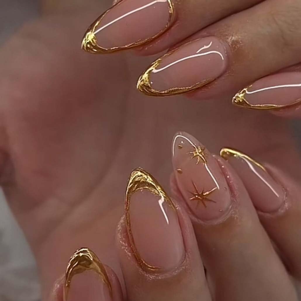 Foccna Press on Nails Almond Fake Nails with Gold Line Design Glue on Nails Acrylic Nails Glossy Full Cover Stick on Nails for Women 24Pcs