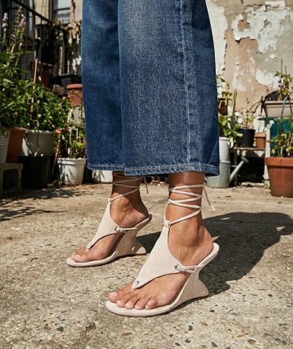 MissHeel Lace Up Sandal Heels Sexy Wedge Heels for Women Nude Strappy Wedges Sandals Open Toe Dressy Thong-Heels Size 10