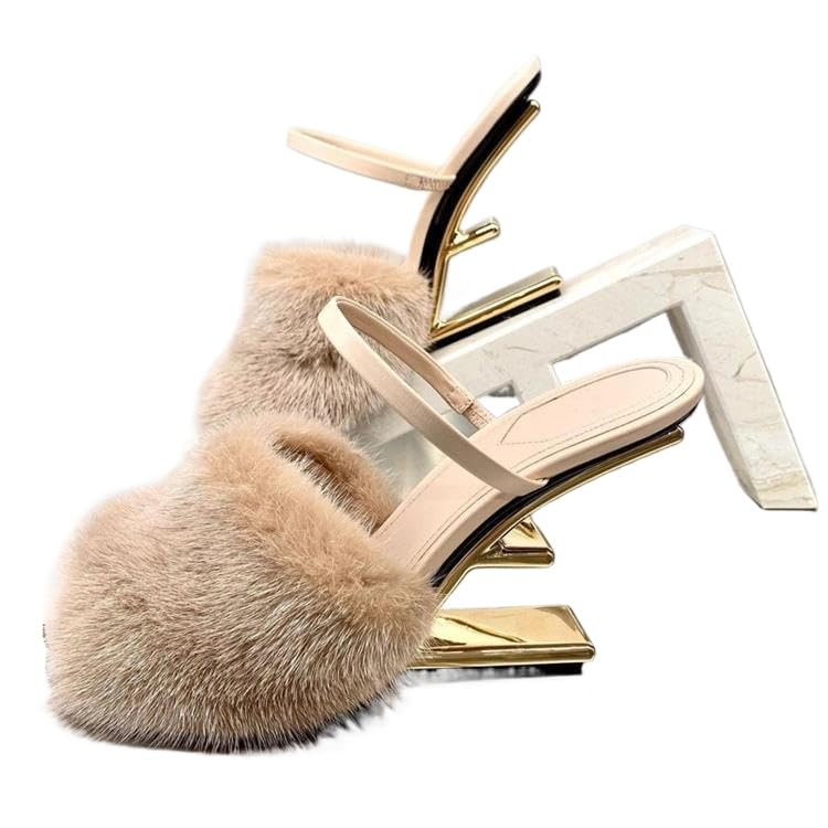 Azttoztto Women's Furry Slide Sandals High Heel Round Toe Designer Slippers Unique Geometric Heel Dressy Evening Shoes (apricot color,4.5)