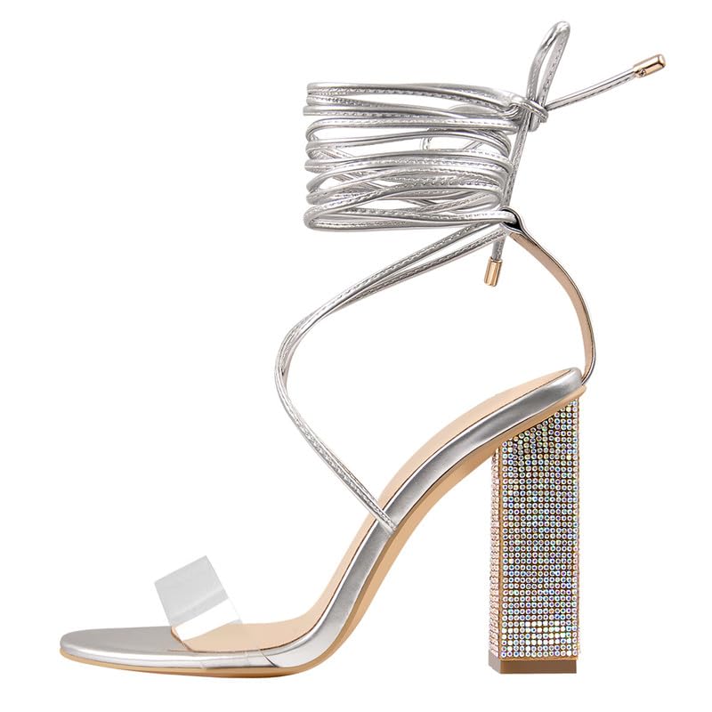 Richealnana Women's Rhinestones Lace Up Crisscross Stiletto Heel Strappy Sandals For Party Prom Silver US 10