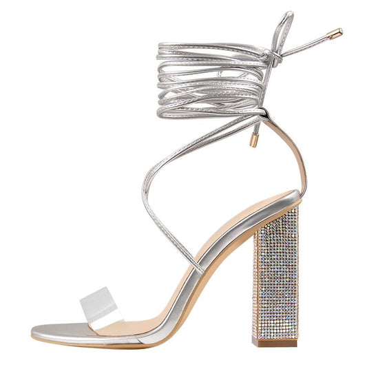 Richealnana Women's Rhinestones Lace Up Crisscross Stiletto Heel Strappy Sandals For Party Prom Silver US 10
