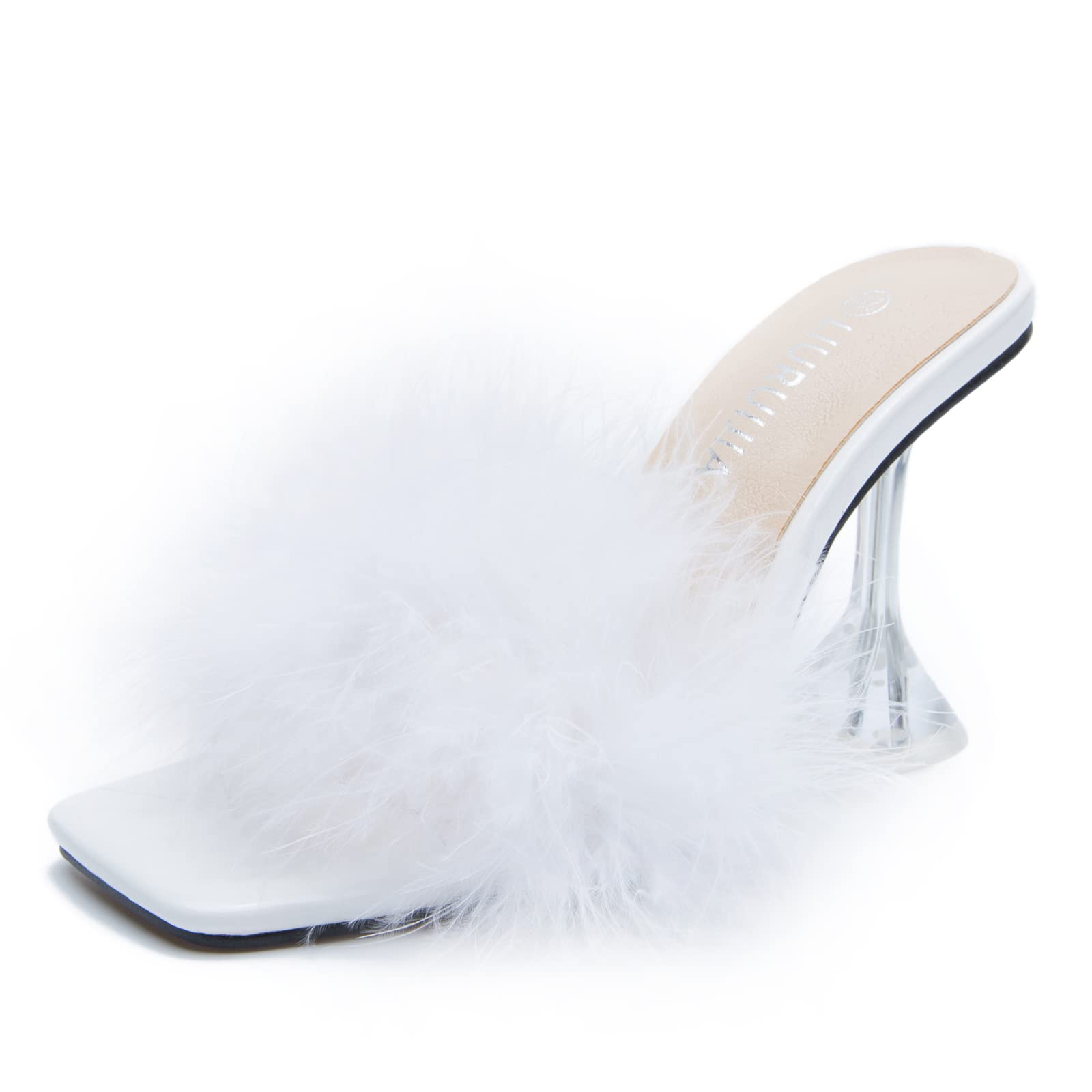 LIURUIJIA Feather High Heel Mules Sandals for Women Slip On Square Toe Clear Tapered Chunky Heels Fuzzy Fluffy Bridal Wedding Party Sexy Shoes White