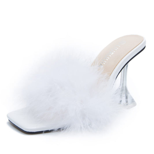 LIURUIJIA Feather High Heel Mules Sandals for Women Slip On Square Toe Clear Tapered Chunky Heels Fuzzy Fluffy Bridal Wedding Party Sexy Shoes White 39 US 7.5