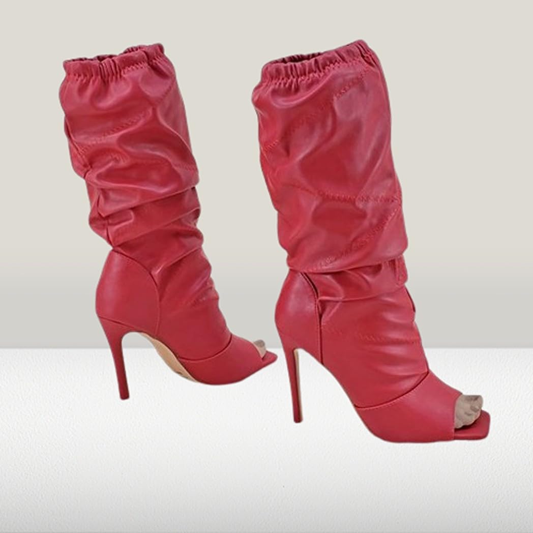PAZZLE Women Peep Toe Knee High Boots Victoria-06 Red 11