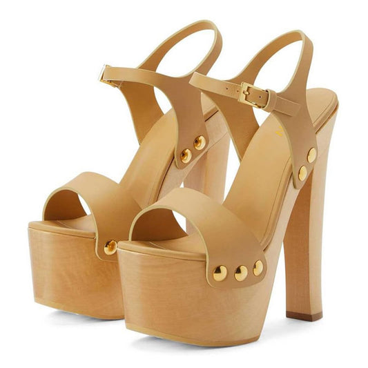 YDN Women's Platform Heeled Sandals Open Round Toe Chunky High Heels Backless Ankle Strap Sexy Casual Shoes for Spring Summer Party Size 7 Wood