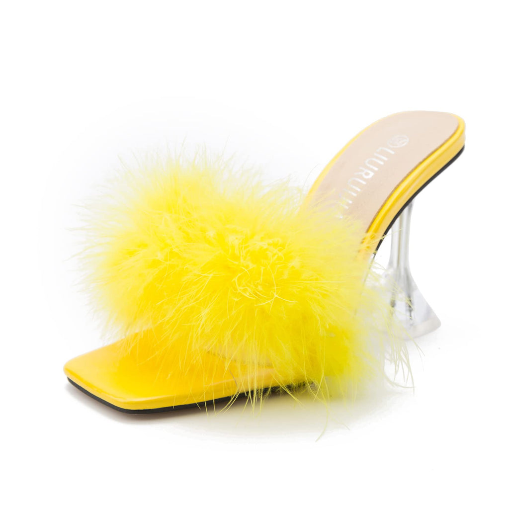 LIURUIJIA Women's Square Toe Feathers High Heels Fur Mules Sandals Fuzzy Fluffy Wedding Bridal Party Dress Shoes Yellow