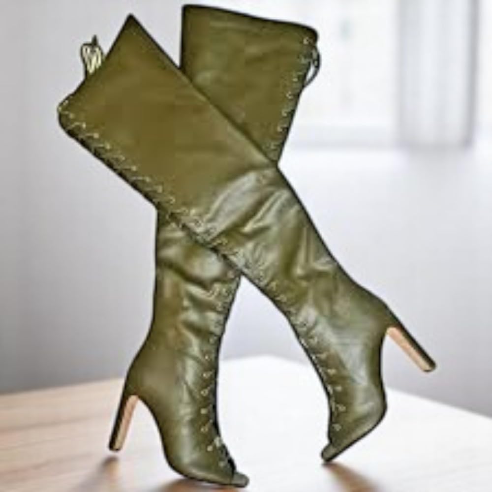 Liliana Women's Peep Toe Lace-Up Chunky Heel Over The Knee Boot Drip-1 Olive