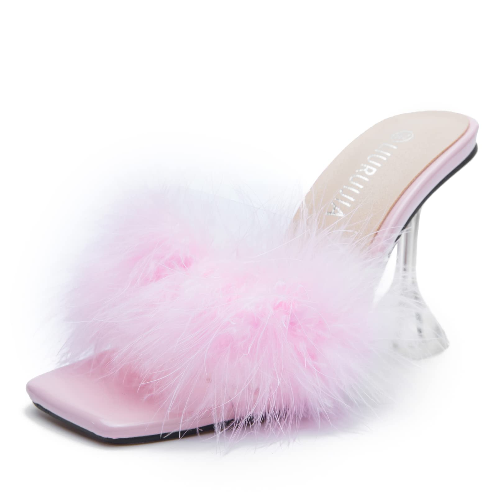 LIURUIJIA Feather High Heel Mules Sandals for Women Slip On Square Toe Clear Tapered Chunky Heels Fuzzy Fluffy Bridal Wedding Party Sexy Shoes Pink