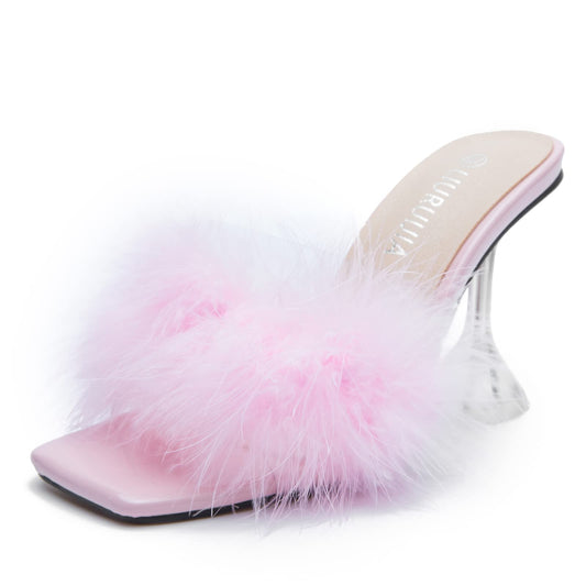 LIURUIJIA Feather High Heel Mules Sandals for Women Slip On Square Toe Clear Tapered Chunky Heels Fuzzy Fluffy Bridal Wedding Party Sexy Shoes Pink 39 US 7.5