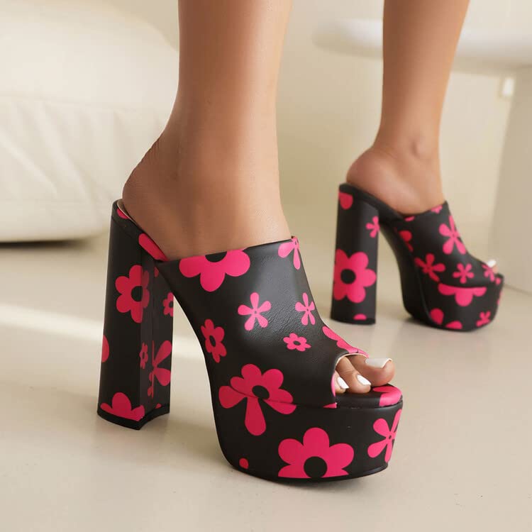 CoceMoce Gorgeous Thick Chunky Heel Slide Sandals for Women Black Red Floral Peep Toe Platform Slip-on Backless High Heeled Mules Dressy Shoes Club Party Events Prom